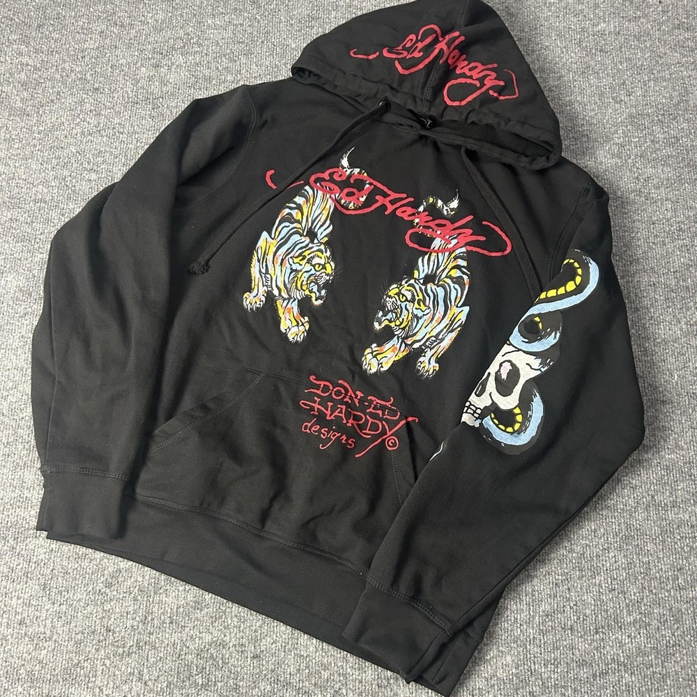 Ed Hardy Hoodie Mens Large Black Tiger Skull Tattoo Graphic Pullover Fleece